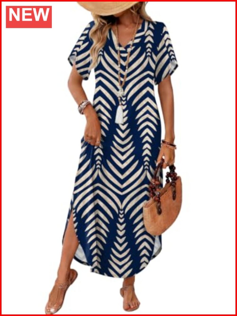 Women's Short Sleeve V Neck Maxi Dress with Pockets & Side Slit Casual Summer